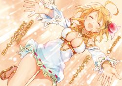 Rule 34 | 1girl, ^ ^, ahoge, anklet, blonde hair, breasts, cleavage, detached sleeves, dress, dutch angle, closed eyes, facing viewer, feet, hair ornament, heart hair ornament, highres, jewelry, leg up, login bonus de skill up, long hair, looking at viewer, medium breasts, murakami yuichi, necklace, novel illustration, official art, open mouth, outstretched arms, sandals, see-through silhouette, smile, solo, toes, white dress