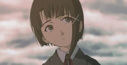 Rule 34 | 1girl, asymmetrical hair, brown eyes, brown hair, brown jacket, close-up, closed mouth, cloud, cloudy sky, collared shirt, commentary, day, dress shirt, expressionless, grey sky, hair ornament, head tilt, highres, iwakura lain, jacket, looking afar, looking to the side, neck ribbon, outdoors, portrait, red ribbon, ribbon, serial experiments lain, shirt, single sidelock, sky, solo, tetsuya ryou, white shirt, x hair ornament