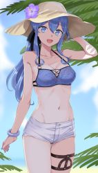 Rule 34 | 1girl, :d, arm up, bare arms, bare shoulders, blue eyes, blue hair, bracelet, breasts, cleavage, collarbone, commentary request, cowboy shot, flower, gotland (kancolle), hair between eyes, hat, hat flower, highres, jewelry, kantai collection, kumadano, leaf, long hair, looking at viewer, medium breasts, mole, mole under eye, navel, open mouth, palm tree, short shorts, shorts, sky, smile, solo, straw hat, sun hat, swimsuit, thigh strap, tree