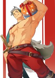 Rule 34 | 1boy, animal ears, bara, belt, box, brown belt, cape, closed mouth, gift, gift box, grey hair, hidora art, highres, holding, holding gift, large pectorals, male focus, muscular, muscular male, navel, nipples, original, pants, pectorals, red cape, red pants, scar, scar across eye, scar on face, short hair, smile, solo, tail, topless male, wolf boy, wolf ears, wolf tail