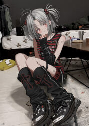 Rule 34 | 1girl, absurdres, bed, bedroom, belt, belt buckle, black leg warmers, black shirt, black shorts, buckle, cup, detached sleeves, expressionless, gishiki (gshk), grey hair, hair bobbles, hair ornament, hand up, head tilt, highres, indoors, leg tattoo, looking at viewer, mug, original, photo background, pillow, plaid, plaid shorts, plaid trim, red skirt, shirt, shoes, short hair, shorts, signature, sitting, skirt, sleeveless, sleeveless shirt, sleeves past wrists, sneakers, solo, spiked footwear, striped clothes, striped shirt, table, tattoo, thigh strap, zipper