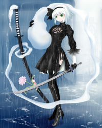 Rule 34 | 1girl, black dress, black footwear, black gloves, black hairband, black thighhighs, boots, breasts, cleavage, cleavage cutout, closed mouth, clothing cutout, cosplay, dress, flower, full body, ghost, gloves, green eyes, hair ribbon, hairband, high heel boots, high heels, highres, hitodama, holding, holding sword, holding weapon, juliet sleeves, katana, konpaku youmu, konpaku youmu (ghost), long sleeves, nier:automata, nier (series), no blindfold, puffy sleeves, rain, ribbon, scabbard, sheath, sheathed, shizuraku, short dress, short hair, side slit, signature, silver hair, small breasts, solo, standing, sword, tassel, thigh boots, thighhighs, touhou, turtleneck, unsheathed, vambraces, weapon, wet, wet clothes, wet dress, 2b (nier:automata), 2b (nier:automata) (cosplay)