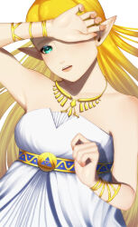 Rule 34 | 1girl, blonde hair, breasts, commentary request, covering one eye, dress, frown, green eyes, highres, jewelry, jimaku, long hair, medium breasts, necklace, nintendo, open mouth, pointy ears, princess zelda, solo, strapless, strapless dress, the legend of zelda, the legend of zelda: breath of the wild, upper body