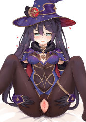 Rule 34 | 1girl, absurdres, aqua eyes, black gloves, black hair, black pantyhose, blush, breasts, censored, earrings, genshin impact, gloves, hair between eyes, hair ornament, hat, heavy breathing, highres, jewelry, leotard, long hair, looking at viewer, medium breasts, mona (genshin impact), mosaic censoring, pantyhose, purple hair, pussy, pussy juice, simple background, sitting, solo, spread legs, spread pussy, twintails, user cfze2853, wavy mouth, witch hat