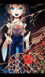 Rule 34 | 1girl, :d, alternate costume, bad id, bad pixiv id, blue eyes, blurry, branch, brown hair, chinese clothes, chinese lantern (plant), cloak, cowboy shot, depth of field, desert, glowing, hair ribbon, hair tubes, long hair, long sleeves, looking at viewer, luo tianyi, night, night sky, open mouth, outdoors, outstretched hand, reaching, ribbon, runa men, sand, sidelocks, sky, smile, solo, spread fingers, standing, star-shaped pupils, star (sky), star (symbol), symbol-shaped pupils, upper body, vocaloid, wide sleeves