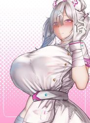 Rule 34 | 1girl, apron, bandages, blush, breasts, chomikuplus, closed mouth, dress, eyes visible through hair, from below, gloves, gradient background, hair ornament, hair over eyes, highres, holding, holding syringe, huge breasts, long hair, looking at viewer, mole, mole under eye, nijisanji, nurse, pink background, purple eyes, silver hair, sketch, solo, sukoya kana, syringe, twintails, upper body, virtual youtuber, white apron, white dress, white gloves, wrist cuffs, x hair ornament