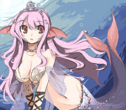 Rule 34 | 1girl, bad id, bad pixiv id, bikini, bikini top only, breasts, crown, endou chihiro, female focus, fins, groin, jewelry, large breasts, long hair, media (monster collection), mermaid, monster collection, monster girl, navel, necklace, ocean, pink hair, princess, red eyes, shell, shell bikini, solo, swimsuit, tail, underwater, very long hair, water