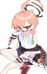 Rule 34 | 1girl, ahoge, bespectacled, black-framed eyewear, black footwear, black nails, black skirt, blue archive, braid, collared shirt, ear piercing, glasses, hair between eyes, halo, highres, jacket, long sleeves, looking at viewer, mabera, nail polish, neru (blue archive), off shoulder, open clothes, open jacket, open mouth, orange hair, piercing, pleated skirt, shirt, shoes, side braid, simple background, sitting, skirt, sleeves past wrists, solo, sukajan, white background, white shirt