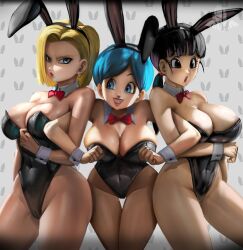 Rule 34 | 3girls, absurdres, alternate breast size, android 18, animal ears, aqua hair, bare legs, bare shoulders, black eyes, black hair, black leotard, blonde hair, blue eyes, blue hair, blush, bow, bowtie, breast press, breasts, bulma, chi-chi (dragon ball), cleavage, covered navel, curvy, detached collar, dragon ball, dragon ball super, dragonball z, elite nappa, eyeliner, fake animal ears, female focus, gloves, grabbing, grabbing from behind, grin, hair between eyes, hairband, highleg, highleg leotard, highres, large breasts, leotard, long hair, looking at viewer, low ponytail, makeup, matching hair/eyes, mature female, multiple girls, open mouth, playboy bunny, rabbit ears, rabbit tail, red bow, red bowtie, simple background, smile, strapless, strapless leotard, tail, teeth, trait connection, white gloves, wide hips, wrist cuffs