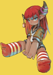 Rule 34 | 1girl, asymmetrical horns, blue eyes, chain, closed mouth, commentary request, dark-skinned female, dark skin, ebimomo, fang, horn ornament, horns, jitome, long hair, looking at viewer, original, partial commentary, pointy ears, red hair, sailor collar, school uniform, serafuku, simple background, sitting, socks, solo, striped clothes, striped socks, uneven horns, yellow background