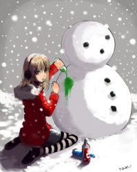 Rule 34 | 1girl, bad id, bad pixiv id, blush, brown hair, eating, face, kneeling, long hair, looking back, nobusnow, original, pantyhose, snow, snowman, solo, striped clothes, striped pantyhose