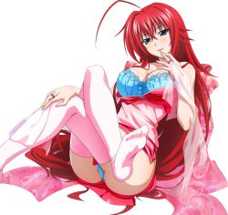 Rule 34 | 1girl, ahoge, blue eyes, blush, breasts, crossed legs, feet, finger to mouth, high school dxd, large breasts, long hair, looking at viewer, parted lips, red hair, rias gremory, soles, thighhighs, toes, transparent background