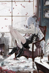 Rule 34 | 1girl, absurdres, angel, angel wings, candle, christmas, closed mouth, dated, ema (613mitzvot), flower, highres, holly, horns, long hair, long sleeves, looking at viewer, original, pale skin, red flower, sitting, solo, twintails, white eyes, white hair, window, wings