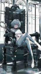 Rule 34 | 1girl, absurdres, black choker, blood, blood bag, breasts, choker, closed mouth, collarbone, commentary request, cramp, crossed legs, dress, flower, grey eyes, grey hair, highres, holding, indoors, intravenous drip, loafers, medium breasts, original, pantyhose, reflection, reflective floor, revision, rose, scepter, serious, shoes, short dress, short hair, short sleeves, sitting, solo, swav, throne, v-shaped eyebrows, white dress, white flower, white footwear, white pantyhose, white rose, window