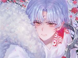 Rule 34 | 1boy, flower, inuyasha, male focus, micha, parted lips, pointy ears, portrait, red flower, sesshoumaru, silver hair, slit pupils, solo, yellow eyes