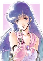 Rule 34 | 1980s (style), 1girl, absurdres, aqua eyes, blue hair, border, collarbone, dress, earrings, gloves, highres, holding, holding microphone, jewelry, long hair, looking at viewer, lynn minmay, macross, microphone, oldschool, outside border, parted lips, pink background, pink gloves, purple brooch, purple dress, retro artstyle, signature, sleeveless, sleeveless dress, solo, upper body, white border, yoshinaga masahiro