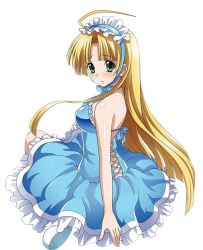 Rule 34 | 10s, 1girl, ahoge, asia argento, backless dress, backless outfit, blonde hair, blue dress, blush, dress, full body, green eyes, headdress, high school dxd, long hair, looking at viewer, looking back, shiny skin, sitting, sleeveless, sleeveless dress, solo, transparent background, very long hair