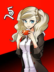 Rule 34 | 10s, 1girl, black background, blonde hair, blue eyes, breasts, cup, hair ornament, hair over shoulder, hairclip, holding, holding cup, hood, hood down, hoodie, large breasts, long hair, looking at viewer, mug, open mouth, parted bangs, parted lips, persona, persona 5, red background, school emblem, smile, solo, takamaki anne, tamago (yotsumi works), twintails, upper body