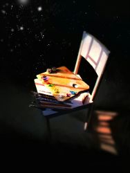 Rule 34 | black background, blurry, chair, colorful, depth of field, e=mc2 (qq53712033), from above, highres, indoors, no humans, original, paint, paint splatter, paintbrush, palette (object), palette knife, realistic, shadow, simple background, sunlight