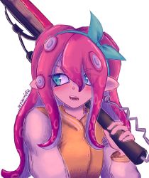 Rule 34 | 1girl, absurdres, artist name, aubrey (faraway) (omori), aubrey (omori), fangs, fusion, green eyes, hairband, highres, holding, holding weapon, long hair, nintendo, octoling, octoling girl, octoling player character, octopus girl, omori, open mouth, peppermintie, pink hair, pointy ears, simple background, solo, splat roller (splatoon), splatoon (series), splatoon 3, teeth, tentacle hair, twitter username, upper body, weapon, white background