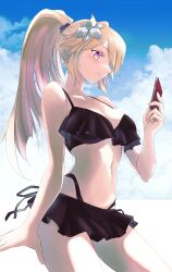 Rule 34 | 1girl, alternate hairstyle, bikini, black bikini, blonde hair, blue sky, breasts, brooklyn (kancolle), cellphone, cloud, commentary request, contrapposto, flower, frilled bikini, frills, hair flower, hair ornament, highres, kantai collection, large breasts, long hair, marine day, official alternate costume, phone, ponytail, red eyes, sky, smartphone, solo, standing, swimsuit, tsukasa (tukasa br)
