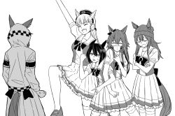 Rule 34 | 5girls, anger vein, beanie, blunt bangs, bow, bowtie, clothing cutout, collarbone, commentary request, crossed arms, dictus striker, ear bow, ear piercing, ears through headwear, frilled skirt, frills, gold ship (umamusume), greyscale, hat, headgear, hood, hooded jacket, horse girl, horse tail, horseshoe ornament, isarida, jacket, kin&#039;iro ryotei (umamusume), loafers, mask, monochrome, mouth mask, multiple girls, nakayama festa (umamusume), orfevre (umamusume) (old design), piercing, pillbox hat, pleated skirt, puffy short sleeves, puffy sleeves, sailor collar, sailor shirt, school uniform, shirt, shoes, short sleeves, sketch, skirt, summer uniform, sweatdrop, tail, tail through clothes, thighhighs, tracen school uniform, umamusume, umamusume: cinderella gray