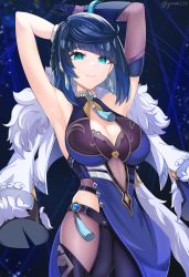 Rule 34 | 1girl, absurdres, aqua eyes, armpits, arms up, bare shoulders, blue dress, blue hair, blunt bangs, breasts, cleavage, commentary request, cowboy shot, dress, earrings, elbow gloves, fur-trimmed jacket, fur trim, genshin impact, gloves, highres, jacket, jewelry, large breasts, looking at viewer, partial commentary, ritou08, short hair, sleeveless, sleeveless dress, smile, solo, standing, white jacket, yelan (genshin impact)