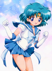 Rule 34 | 1990s (style), 1girl, bad id, bad pixiv id, bishoujo senshi sailor moon, blue eyes, blue sailor collar, blue skirt, blush, breasts, brooch, cleavage, gloves, heart, heart brooch, jewelry, magical girl, mizuno ami, open mouth, retro artstyle, sailor collar, sailor mercury, short hair, skirt, small breasts, smile, solo, super sailor mercury, white gloves, zipang (zip@ng works)