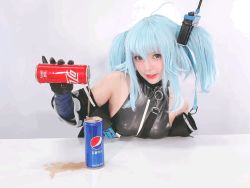 Rule 34 | 1girl, :d, ahoge, animated, animated gif, black gloves, blue hair, breast rest, breasts, bright pupils, can, chinese text, choker, coca-cola, cosplay, cosplay photo, covered collarbone, drink can, girls&#039; frontline, gloves, grey eyes, licking lips, light blue hair, looking at viewer, open mouth, pa-15 (girls&#039; frontline), parted lips, pepsi, photo (medium), real life, shiny clothes, short twintails, sidelocks, small breasts, smile, soda, soda can, solo, spilling, tight clothes, tongue, tongue out, twintails, upper body