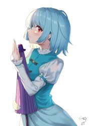 Rule 34 | 1girl, absurdres, blue hair, blue nails, blue skirt, blue vest, blush, closed mouth, commentary request, dated, highres, holding, holding umbrella, juliet sleeves, long sleeves, looking at viewer, puffy sleeves, purple umbrella, qinyuzhen, red eyes, short hair, signature, simple background, skirt, solo, tatara kogasa, touhou, umbrella, vest, white background