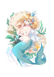 Rule 34 | 1girl, absurdres, bare arms, bare shoulders, blonde hair, blue eyes, breasts, cleavage, collarbone, conch, crown, fingernails, full body, hair between eyes, hair ornament, highres, holding, jellyfish, jewelry, long hair, medium breasts, mermaid, mini crown, monster girl, navel, necklace, original, pearl necklace, pointy ears, sample watermark, scales, seashell, shell, shell bikini, shell hair ornament, simple background, solo, split tail, star (symbol), star hair ornament, starfish, starfish hair ornament, watermark, white background, yuzhi