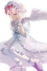 Rule 34 | 1girl, belt, byoushin (song), closed mouth, dress, expressionless, feathered wings, highres, indie utaite, looking at viewer, mebuki (moon angel 4), nqrse, on ground, pink eyes, pink hair, puffy short sleeves, puffy sleeves, purple belt, purple theme, shadow, short sleeves, simple background, sitting, solo, white dress, white theme, wings, yokozuwari