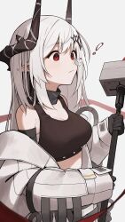 Rule 34 | !, 1girl, absurdres, arknights, armor, bare shoulders, black tank top, breasts, bug, butterfly, butterfly on nose, chest sarashi, cleavage, closed mouth, commentary, crop top, cross-eyed, elite ii (arknights), expressionless, hair ornament, hammer, highres, holding, holding hammer, horns, infection monitor (arknights), insect, large breasts, long hair, medium breasts, midriff, mudrock (arknights), mudrock (elite ii) (arknights), off shoulder, open clothes, pointy ears, red eyes, sarashi, shoujo l, simple background, sledgehammer, solo, sports bra, symbol-only commentary, tank top, upper body, white background, white hair
