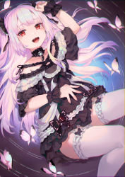Rule 34 | 1girl, absurdres, bibimbub, black choker, black dress, bug, butterfly, choker, collarbone, commentary, dress, earrings, frilled choker, frilled dress, frilled thighhighs, frills, garter straps, gothic lolita, highres, hololive, insect, jewelry, light purple hair, lolita fashion, long hair, looking at viewer, lying, on back, open mouth, red eyes, skull earrings, smile, solo, symbol-only commentary, symbol in eye, teeth, thighhighs, tongue, uruha rushia, uruha rushia (3rd costume), virtual youtuber, white thighhighs, wrist cuffs