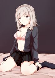 Rule 34 | 10s, 1girl, bed sheet, black skirt, black socks, blue eyes, bow, bow bra, bra, breasts, cleavage, closed mouth, dress shirt, frown, full body, girls und panzer, grey background, grey shirt, itsumi erika, lace, lace-trimmed bra, lace trim, long hair, long sleeves, looking to the side, medium breasts, miniskirt, navel, no shoes, on bed, open clothes, open shirt, pink bra, pleated skirt, school uniform, shirt, silver hair, sitting, skirt, socks, solo, underwear, viscount shishamo, wariza, wavy mouth