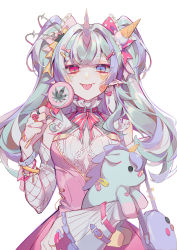 Rule 34 | 1girl, :p, asymmetrical sleeves, bad id, bad pixiv id, bag, bandaid, bandaid on hand, blue hair, blush, bow, bracelet, breasts, candy, closed mouth, detached sleeves, dress, ear piercing, earrings, facial mark, fingernails, flower, flower ring, food, frilled bow, frills, hair bow, has bad revision, has downscaled revision, heart, heterochromia, highres, holding, holding candy, holding food, holding lollipop, horns, ice cream, ice cream cone, jewelry, leaf earrings, lollipop, long fingernails, long hair, long sleeves, looking at viewer, machi (7769), marijuana, md5 mismatch, medium breasts, mismatched sleeves, multicolored hair, nail polish, original, piercing, pink bow, pink dress, pink nails, pointy ears, polka dot, polka dot bow, purple eyes, purple hair, red bow, red flower, red rose, resolution mismatch, ring, rose, shoulder bag, simple background, single horn, sleeveless, sleeveless dress, smile, solo, source smaller, spiked bracelet, spikes, star (symbol), stuffed animal, stuffed toy, stuffed unicorn, swirl lollipop, thick eyebrows, tongue, tongue out, two-tone hair, two side up, very long hair, white background, wide sleeves, yellow bow