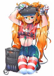 Rule 34 | 1girl, adidas, andrewcockroach, big hair, blue eyes, blush, bra, cable, character request, choker, computer, controller, crop top, crop top overhang, earrings, flat chest, full body, game controller, gamepad, gloves, head-mounted display, jewelry, kneeling, long hair, midriff, mouth hold, navel, orange hair, shorts, solo, striped clothes, striped thighhighs, thighhighs, training bra, twintails, underwear, very long hair, virtual reality, white gloves, zettai ryouiki