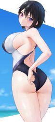Rule 34 | 1girl, absurdres, adjusting clothes, adjusting swimsuit, arched back, armpit crease, ass, back cutout, bare arms, bare shoulders, black hair, black one-piece swimsuit, blue sky, blurry, blurry background, blush, breasts, closed mouth, clothing cutout, cloud, commentary request, competition swimsuit, cowboy shot, day, dolphin wave, from behind, hair between eyes, highres, horizon, large breasts, looking at viewer, looking back, mil k vanilla, ocean, one-piece swimsuit, outdoors, outside border, purple eyes, short hair, sideboob, sky, solo, standing, suminoe shion, swimsuit, two-tone swimsuit, wet, wet clothes, wet hair, wet swimsuit, white one-piece swimsuit