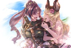 Rule 34 | 2girls, animal ears, arm hug, armor, bandaged arm, bandages, blonde hair, blue sky, bodysuit, closed eyes, cloud, colorized, commentary, dagger, diving suit, ear piercing, erune, facing another, flower, forehead protector, granblue fantasy, hair flower, hair ornament, happy, knife, limitless skye, long hair, mari (granblue fantasy), meg (granblue fantasy), multiple girls, open mouth, piercing, ponytail, red hair, scar, scar across eye, scar on face, sheath, shoulder armor, sky, weapon, wetsuit, yuri