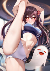 Rule 34 | 1girl, armpits, arms up, bare arms, bare legs, blurry, blurry background, blush, boo tao (genshin impact), breasts, brown hair, buruma, commentary, crop top, genshin impact, grin, hair between eyes, highres, hu tao (genshin impact), indoors, large breasts, leg up, long hair, looking at viewer, midriff, navel, no headwear, red eyes, smile, solo, split, sports bra, squchan, standing, standing on one leg, standing split, stomach, thighs, twintails, very long hair, white buruma