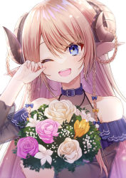 Rule 34 | 1girl, :d, animal ears, bare shoulders, blonde hair, blue bow, blue choker, blue eyes, blush, bouquet, bow, braid, choker, commentary request, flower, hair bow, halterneck, highres, holding, holding bouquet, horns, indie virtual youtuber, long hair, long sleeves, looking at viewer, nail polish, nanase subaru, off shoulder, one eye closed, open mouth, paid reward available, pink nails, puffy sleeves, sidelocks, smile, solo, tears, uruha (yw1109), virtual youtuber, white background, yellow bow