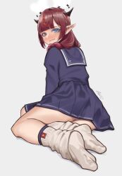 Rule 34 | 1girl, absurdres, aiharararara, blue eyes, blue sailor collar, blue shirt, blue skirt, blunt bangs, blush, braid, closed mouth, eyelashes, feet, foreshortening, from behind, full body, grey background, hair over shoulder, halo, heterochromia, highres, hololive, hololive english, horns, irys (gaming casual) (hololive), irys (hololive), legs, long hair, long sleeves, looking at viewer, looking back, loose socks, multicolored hair, no shoes, official alternate costume, on ground, pleated skirt, pointy ears, purple hair, red hair, sailor collar, school uniform, serafuku, shirt, sidelocks, signature, simple background, sitting, skirt, socks, soles, solo, star halo, streaked hair, symbol-shaped pupils, toes, variant set, virtual youtuber, white socks, yokozuwari