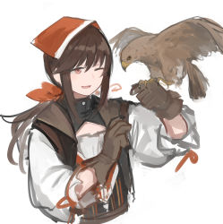 Rule 34 | 1girl, 1other, absurdres, animal, arm up, bird, bird on hand, black vest, brown gloves, brown hair, falcon, falcon (girls&#039; frontline), girls&#039; frontline, gloves, headband, highres, long hair, looking at another, one eye closed, open mouth, ponytail, rampart1028, red eyes, red headband, ribbon, shirt, sidelocks, smile, solo, upper body, vest, white background, white shirt