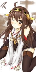 Rule 34 | 10s, 1girl, ahoge, bad id, bad pixiv id, bare shoulders, black skirt, blush, breasts, breasts out, brown eyes, brown hair, brown thighhighs, double bun, female focus, hair bun, headgear, highres, kantai collection, kongou (kancolle), long hair, looking at viewer, miniskirt, murasame shia, nontraditional miko, one eye closed, open mouth, pleated skirt, ribbon-trimmed sleeves, ribbon trim, sitting, sketch, skirt, solo, squiggle, tail ein, thighhighs, torn clothes, twitter username, underboob, v arms, wariza, wide sleeves, zettai ryouiki