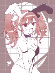 Rule 34 | 1girl, :d, animal ears, bare shoulders, bear hair ornament, black bow, black bowtie, blush, bow, bowtie, breasts, brown background, brown hair, cleavage, danganronpa: trigger happy havoc, danganronpa (series), detached collar, enoshima junko, fake animal ears, from side, hair ornament, heart, highres, koma (uuur66), large breasts, open mouth, rabbit ears, sitting, smile, twintails, two-tone leotard, white background