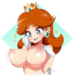 Rule 34 | 1girl, blue eyes, breasts, brown hair, crown, earrings, gloves, hand on own cheek, hand on own chest, hand on own face, jewelry, large breasts, long hair, mario (series), nintendo, nipples, nude, open mouth, princess daisy, puffy nipples, simple background, smile, solo, super mario land, totallyiryanic, upper body, white background