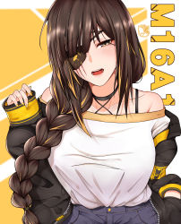Rule 34 | 1girl, :d, absurdres, bare shoulders, black jacket, blonde hair, blouse, blue pants, blush, braid, breasts, brown eyes, brown hair, character name, collarbone, eyepatch, girls&#039; frontline, half-closed eye, hand in pocket, hand up, highres, jacket, large breasts, long hair, long sleeves, looking at viewer, m16a1 (girls&#039; frontline), mole, mole under eye, multicolored hair, nello kun, off shoulder, open clothes, open jacket, open mouth, pants, scar, scar across eye, scar on face, shirt, smile, solo, streaked hair, upper body, white shirt