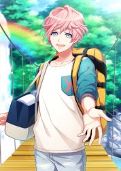 Rule 34 | a3!, backpack, bag, blue eyes, bridge, day, foreshortening, forest, highres, looking at viewer, male focus, nature, official art, open mouth, outstretched hand, pink hair, rainbow, reaching, reaching towards viewer, sakisaka muku, smile, solo, water, waterfall