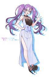 Rule 34 | 1girl, absurdres, bare shoulders, blue dress, blush, breasts, dress, fate/grand order, fate (series), full body, glasses, high heels, highres, large breasts, long hair, looking at viewer, open mouth, purple eyes, purple hair, sion eltnam sokaris, smile, solo, twintails, underbust, yuu (higashi no penguin)