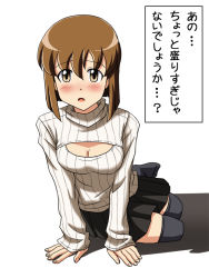 Rule 34 | 1girl, arm support, black thighhighs, blush, breasts, brown eyes, brown hair, cleavage, hagiwara yukiho, idolmaster, idolmaster (classic), leaning forward, lielos, meme attire, miniskirt, open-chest sweater, open mouth, pleated skirt, ribbed sweater, short hair, sitting, skirt, solo, sweater, thighhighs, turtleneck, white background
